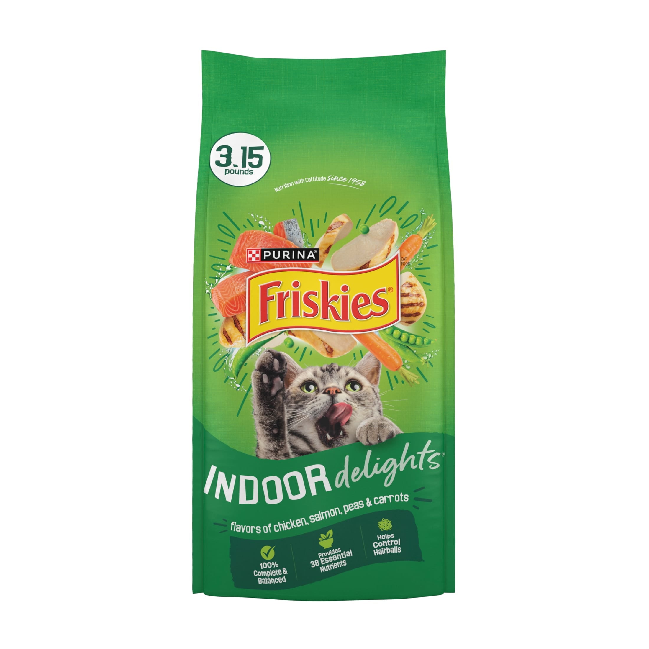 (2 pack) Purina Friskies Indoor Delights Dry Cat Food Flavors of Chicken, Salmon, Peas, and Carrots, 3.15 lb Bag